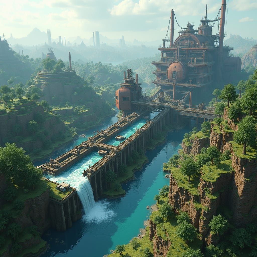 Steampunk Water Rig in Minecraft Landscape