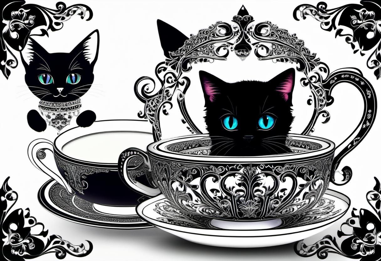 Black Cat in Enchanted Teacup: Fantasycore Art