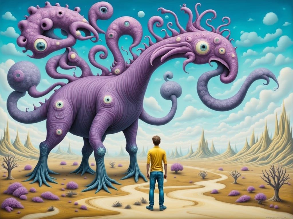 Enigmatic Stranger Meets Bizarre Creature in Whimsical Deser...