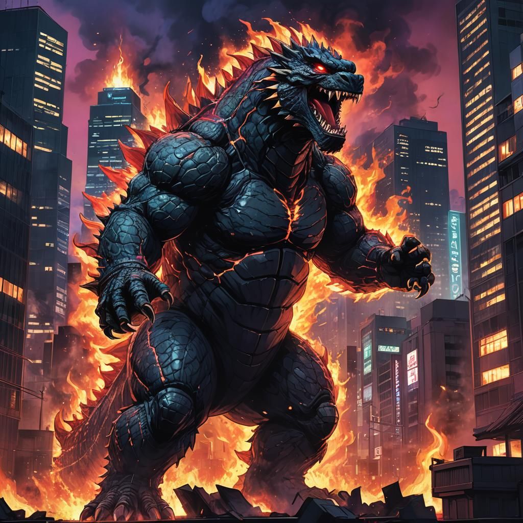 Demonic Godzilla Roaring in Neon Cityscape: Anime Art