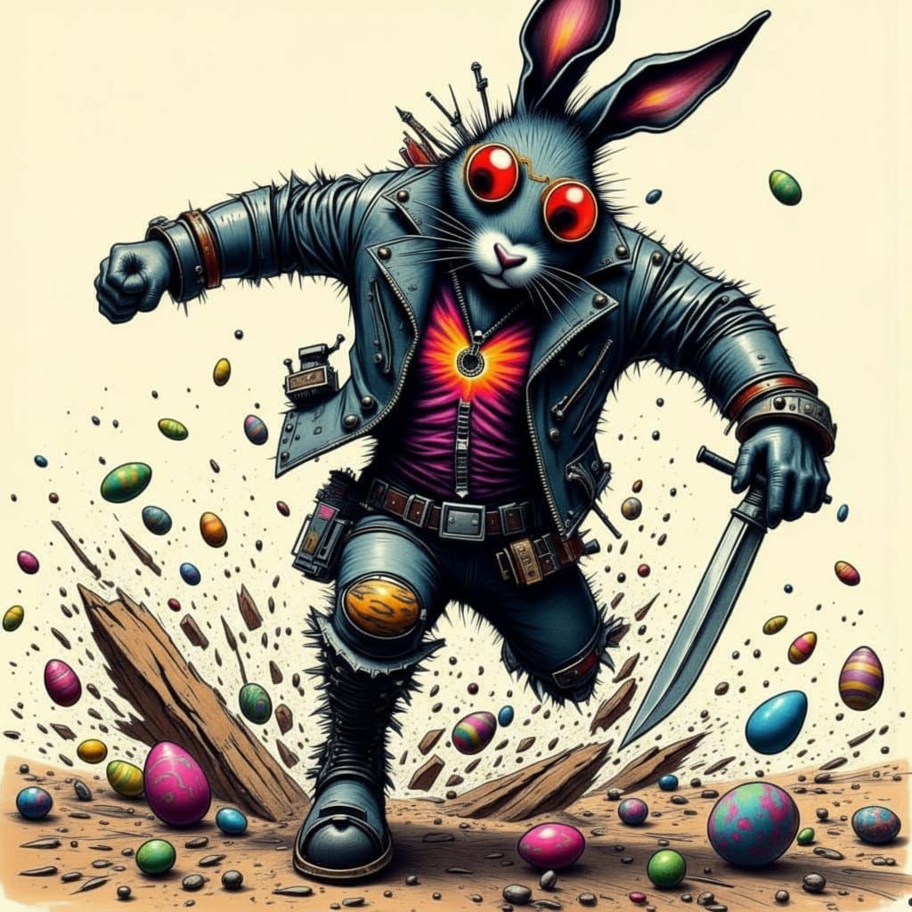 Punk Bunny Warrior Charging into Battle