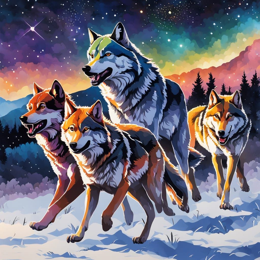 Vibrant Wolves Run Under a Celestial Canvas