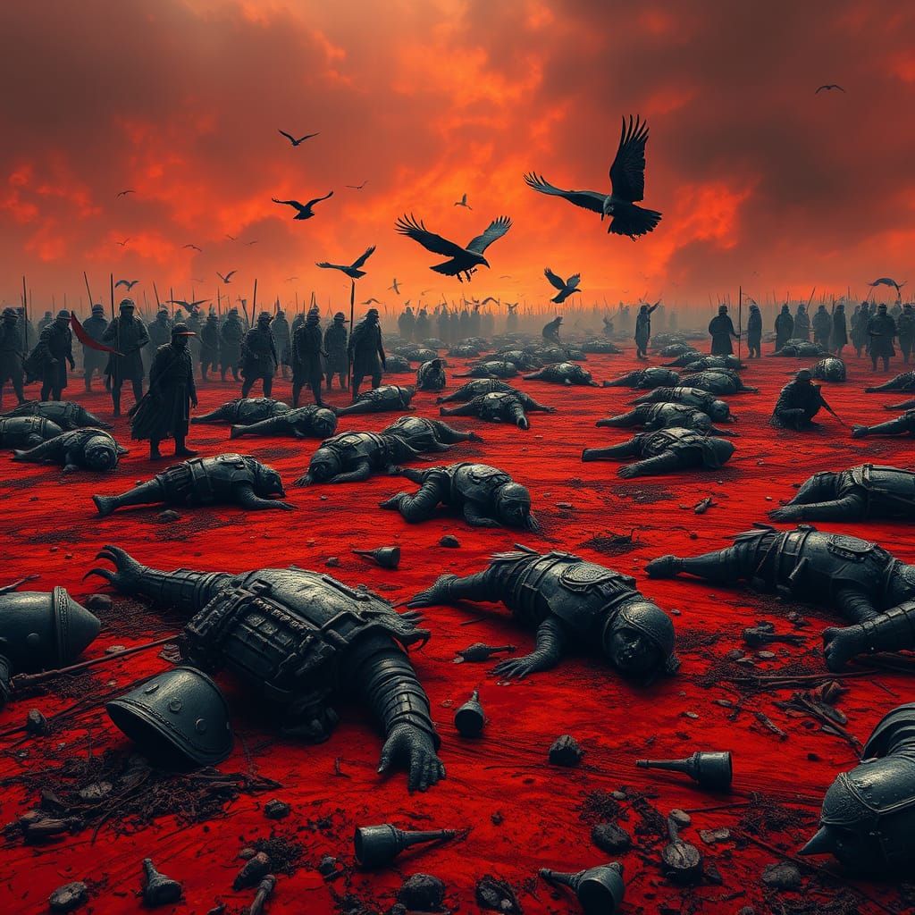 Somber War-Torn Landscape in Dark Fantasy Style