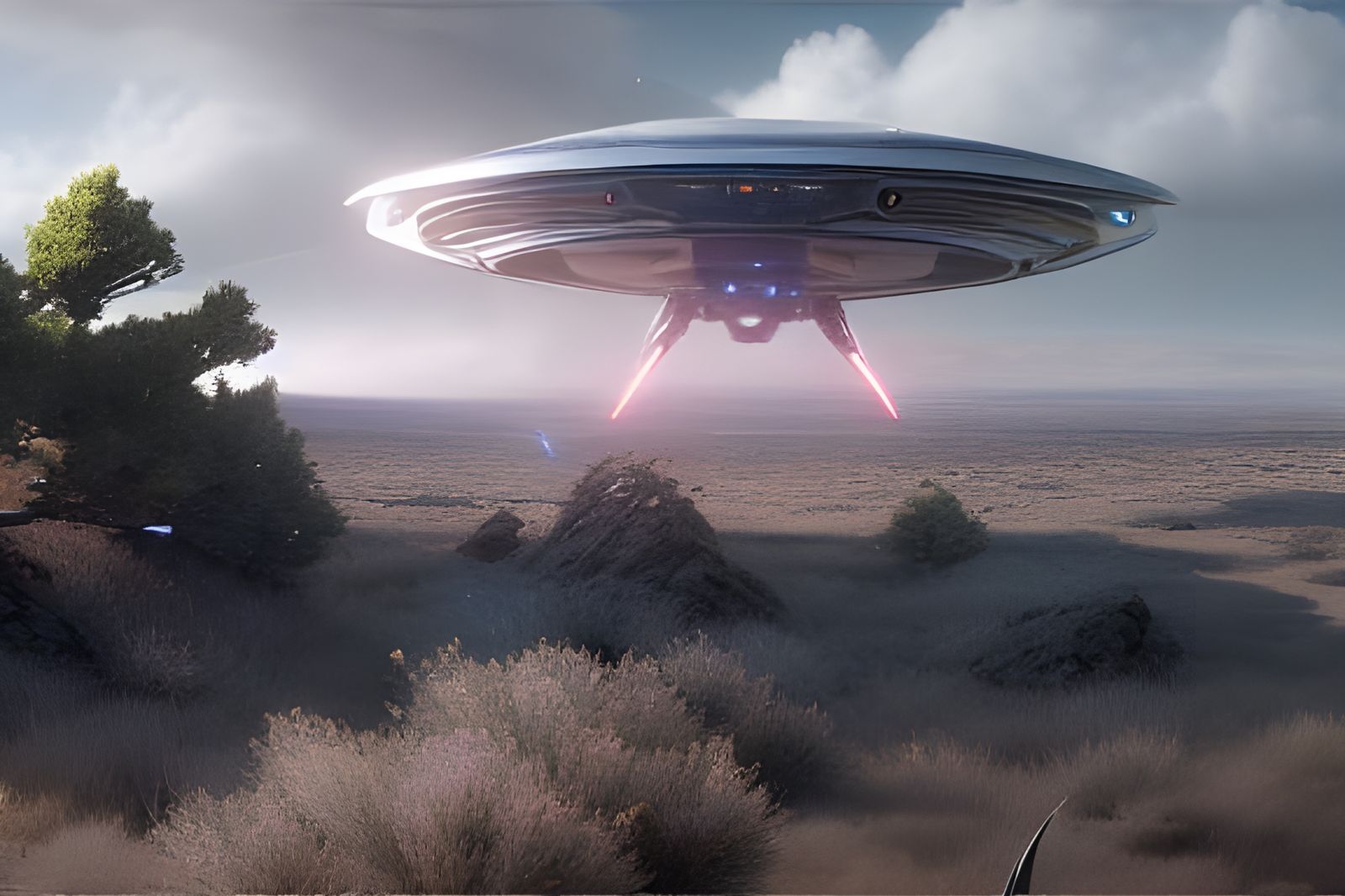 Cinematic UFO Beamship Over Sagebrush in Hyperrealism