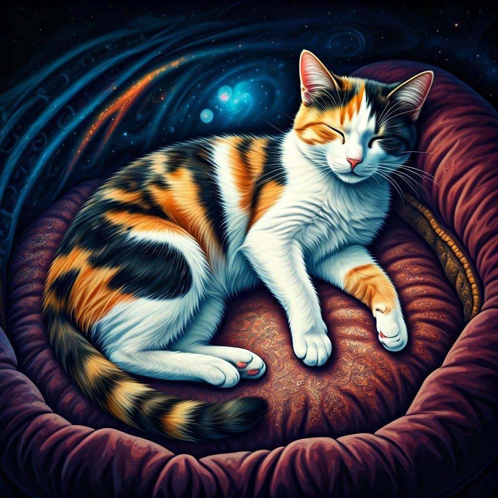Cosmic Calico Cat Slumbers in Vibrant Dreamscape