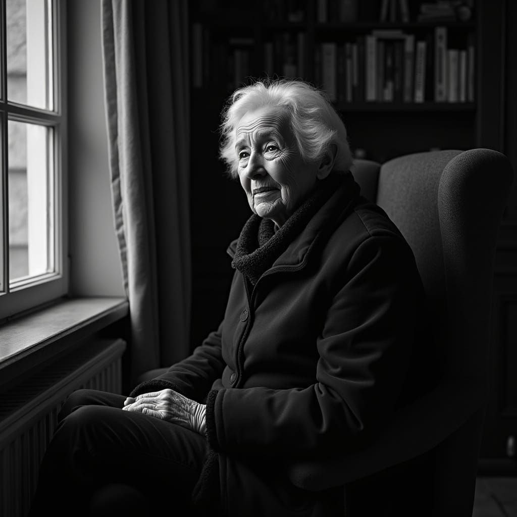 Elegant Monochrome Portrait of a Winter-Clad Elderly Woman