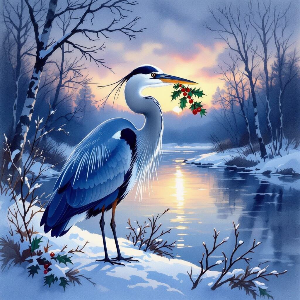 Blue Heron with Holly in Wintry Twilight Watercolor