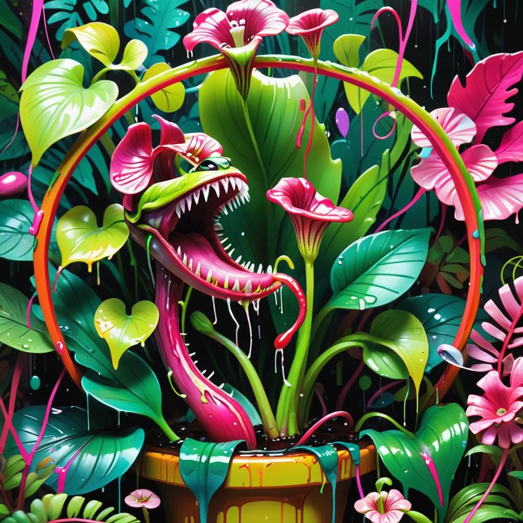 Cannibal Plant Devouring Prey in Jungle, Pixar Style