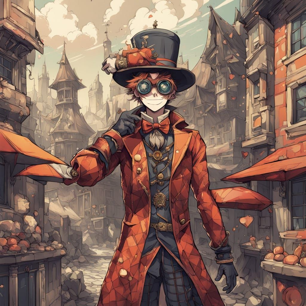 Steampunk Jester in Vibrant Cobblestone Square