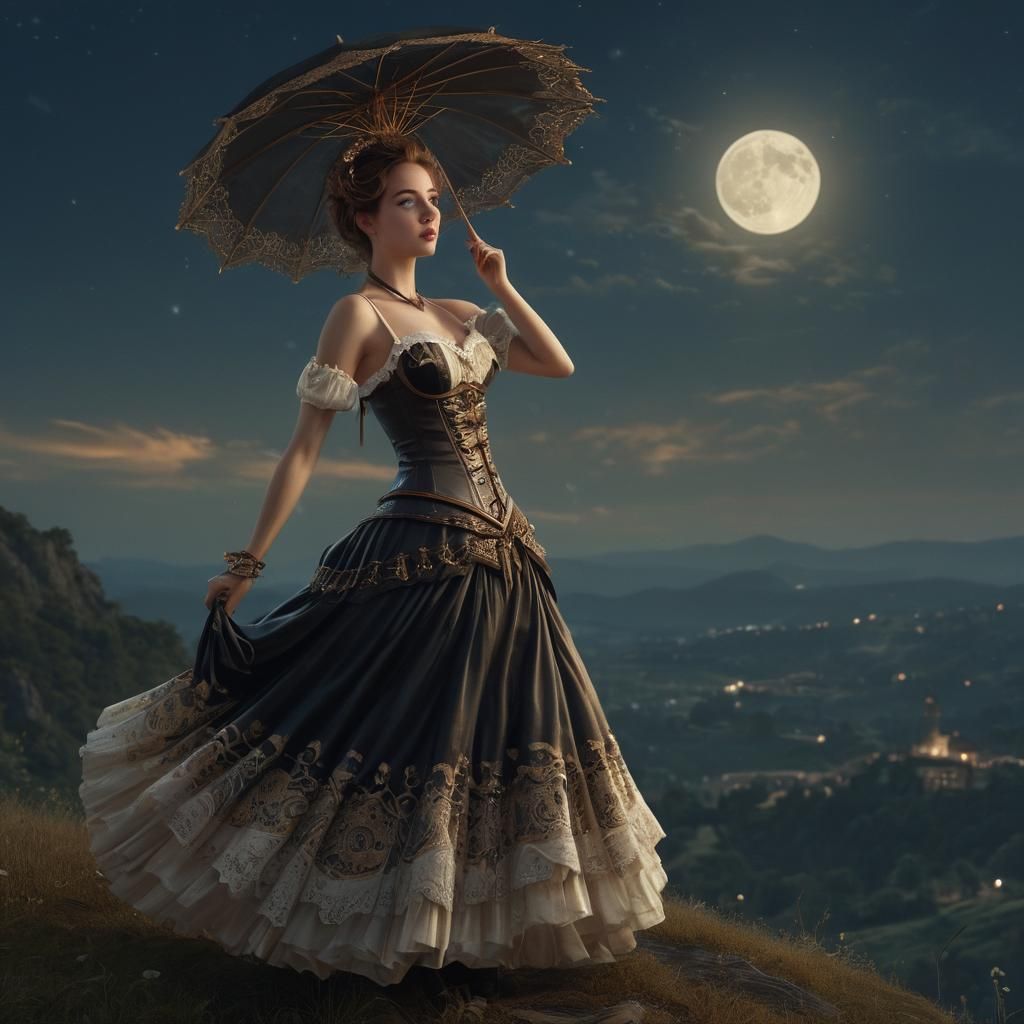 Steampunk Woman Dancing in Moonlight, Digital Art