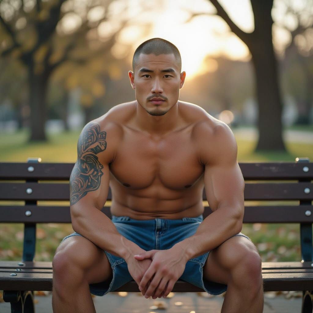 Young Asian Man with Tattooed Chest on Park Bench