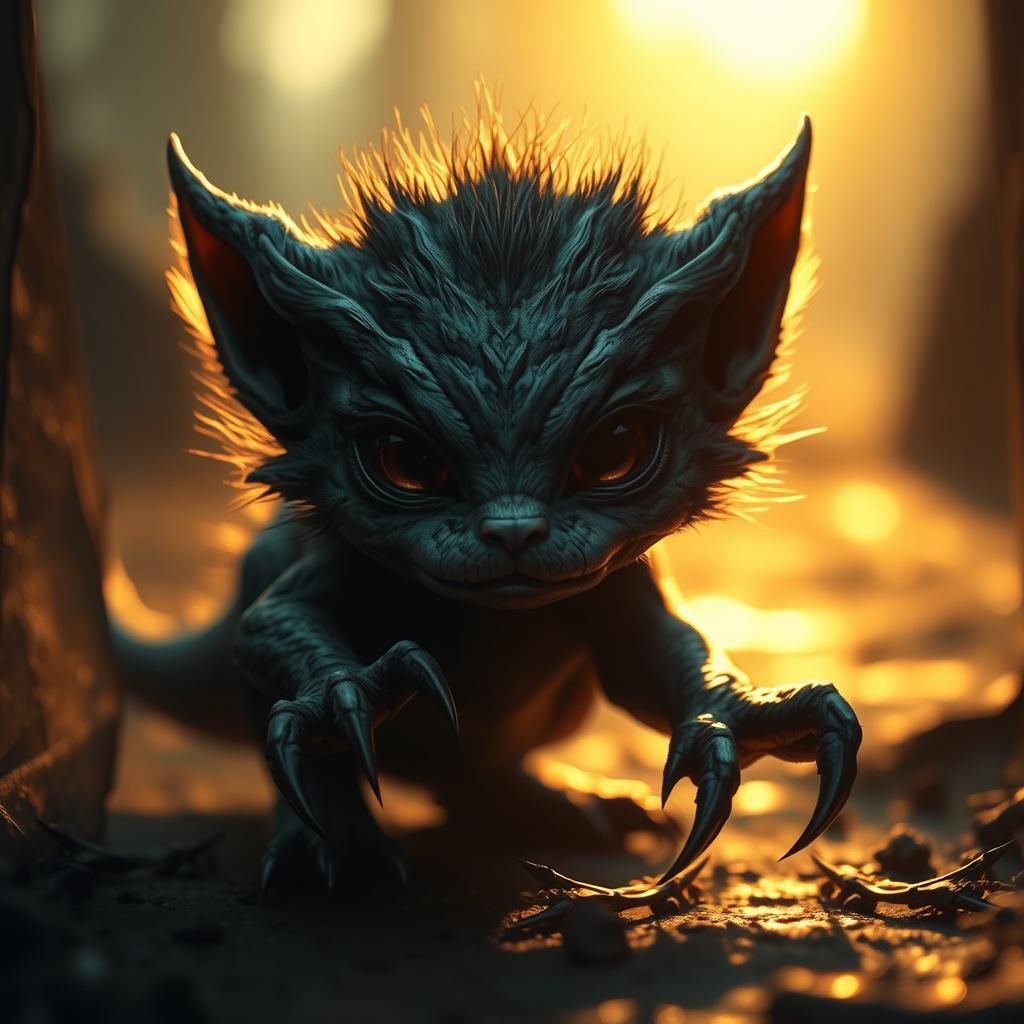 Eerie Creature with Innocent Gaze in Dramatic Lighting
