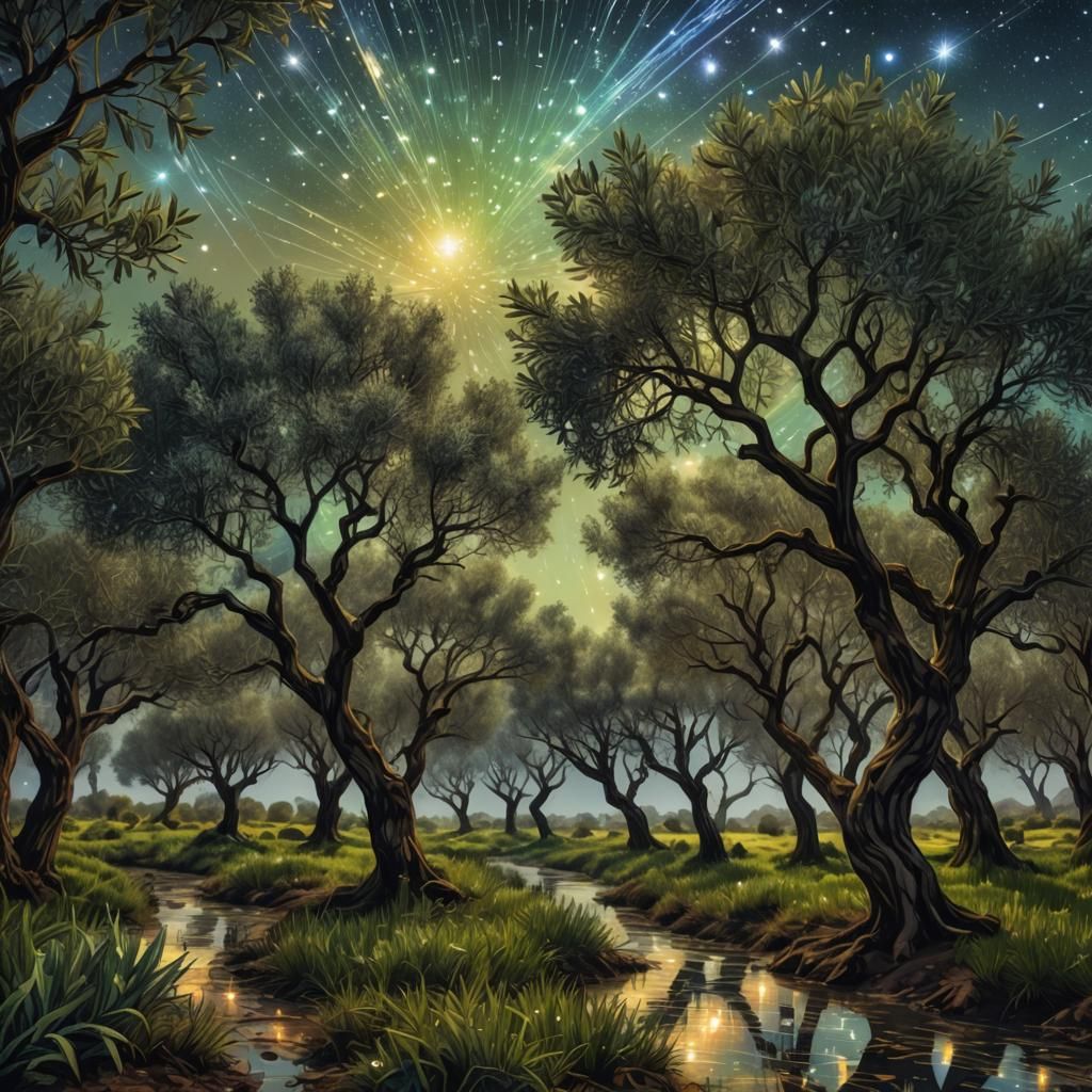 Cosmic Olive Orchard Under Astral Stars, Mixed Media