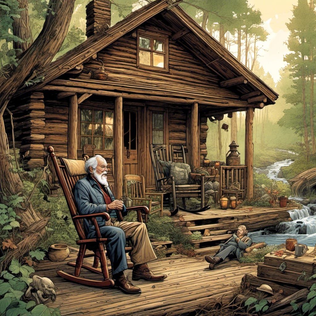 <lora:Art Deco:1.0> Old man rocking in a rocking chair on th...