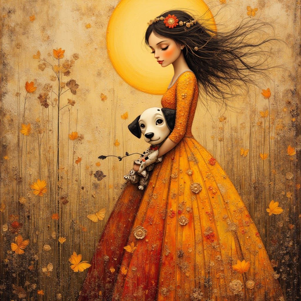 Renaissance Android Portrait with Polka Dots and Puppy