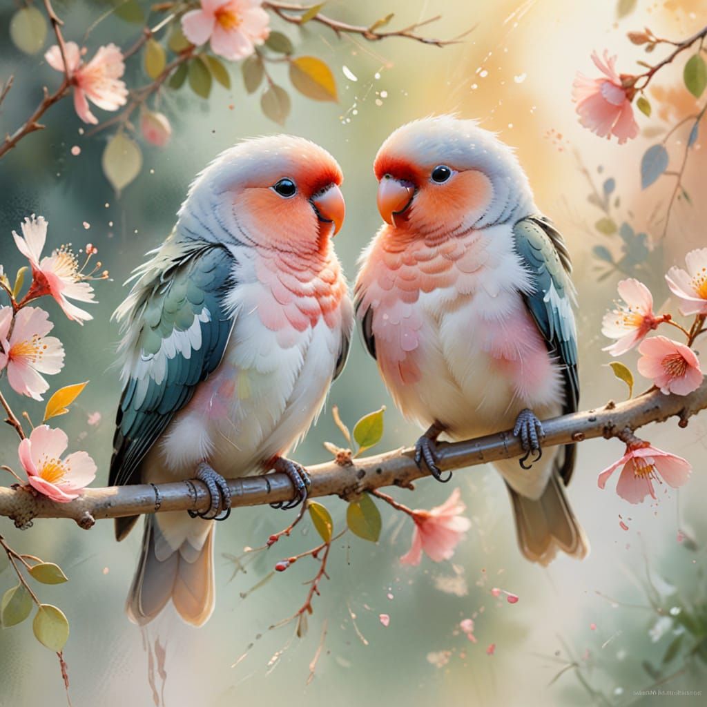 Pastel Lovebirds in Impressionist Watercolour Style