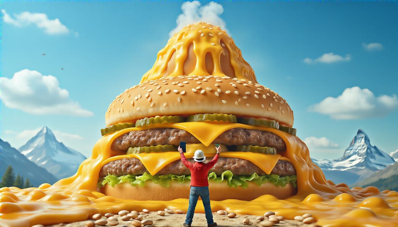 Gigantic Cheeseburger Selfie: A Surreal Food Mountain