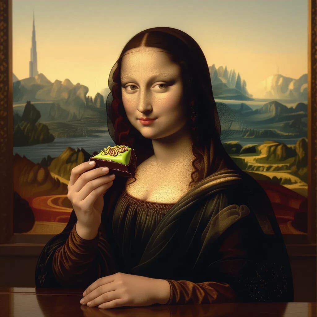 Mona Lisa Enjoys Dubai Chocolate in Classic Style