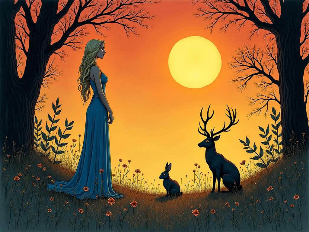Woodland Woman with Antlers in Golden Age Illustration