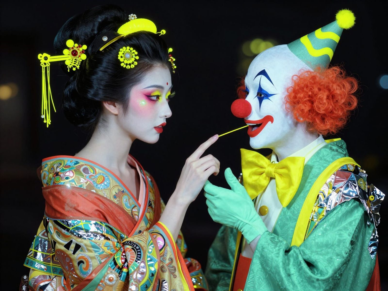 Whimsical Geisha and Clown Fantasy Illustration