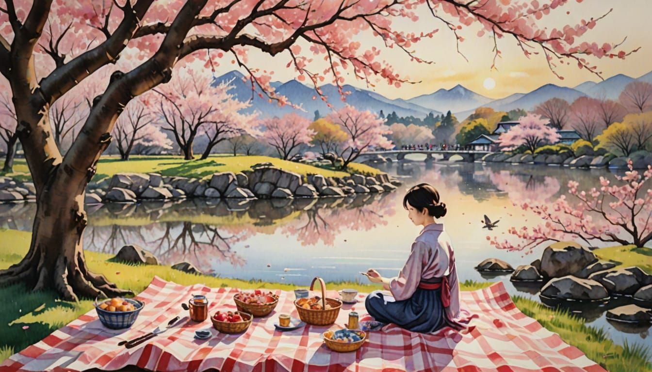 Cherry Blossom Picnic in Japanese Watercolor Style