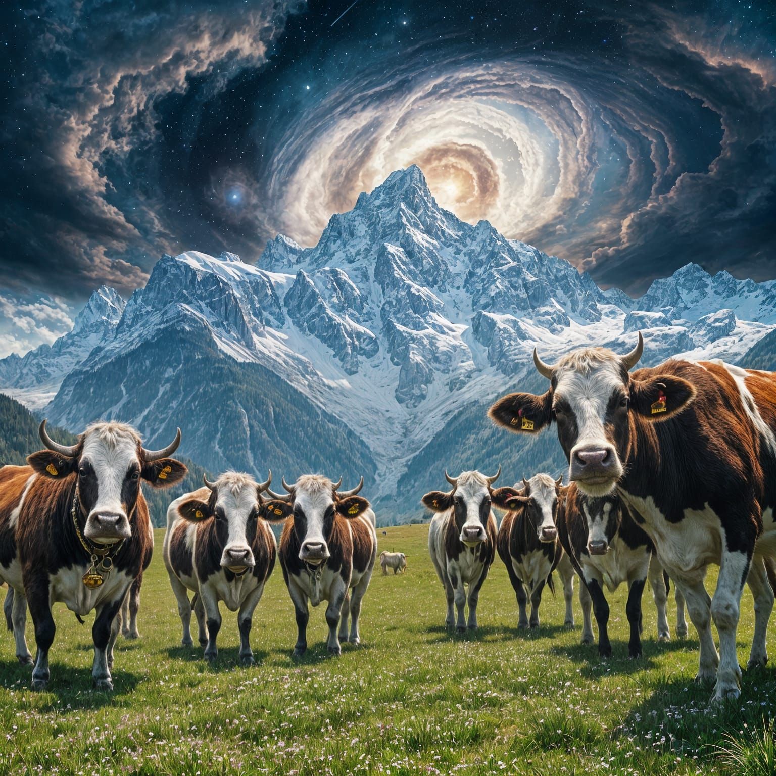 Cows in Cosmic Nebula Meadow Below Swiss Alps, Surrealist St...