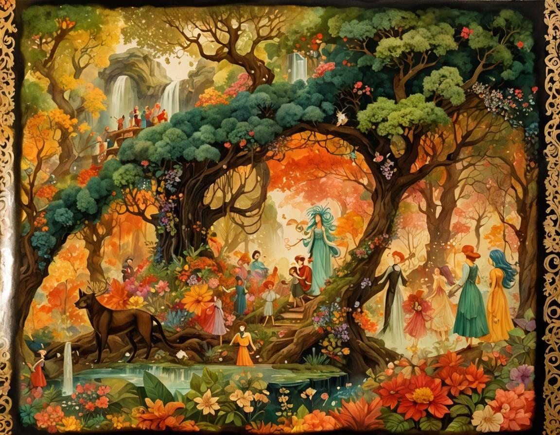 Magical Gathering by Waterfall: Whimsical Fantasy Art
