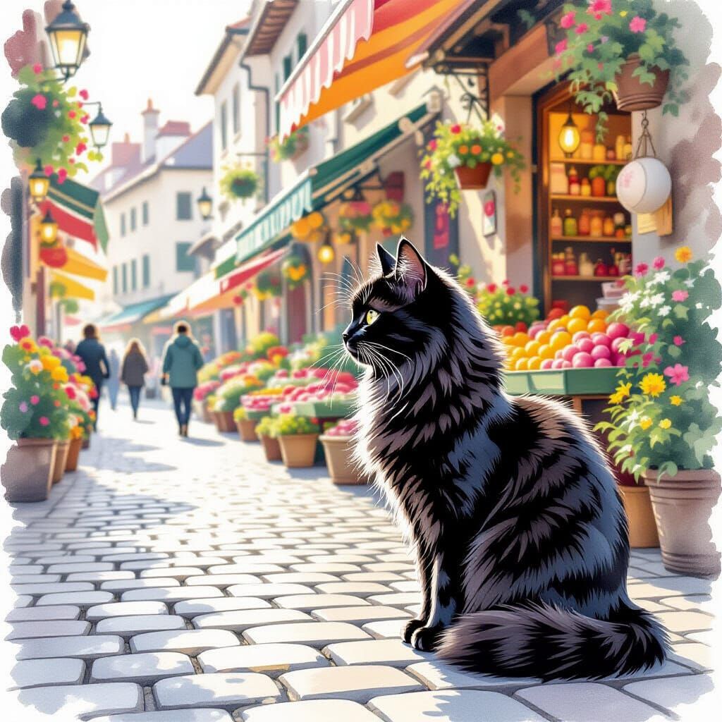Black Cat Observes Market in Hyperrealistic Watercolor Style