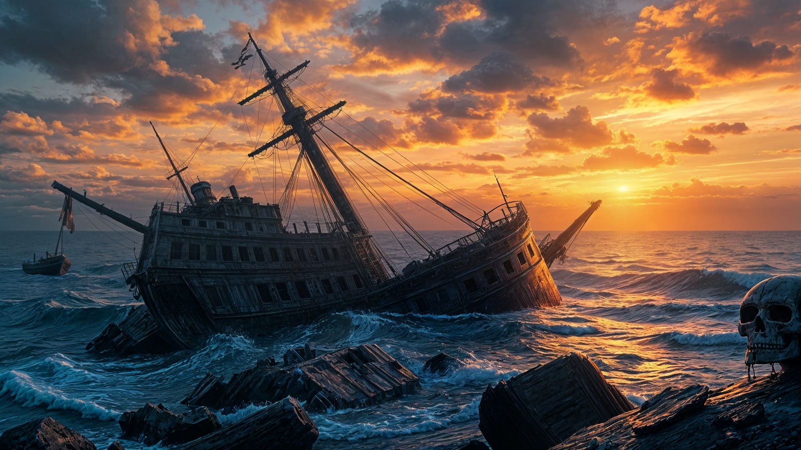 Skeleton Shipwreck at Sunset in Abstract Art