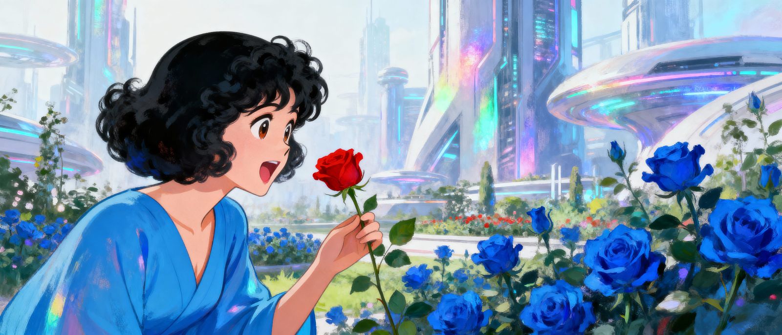 Sci-Fi Lady Admires Red Rose in Futuristic Garden