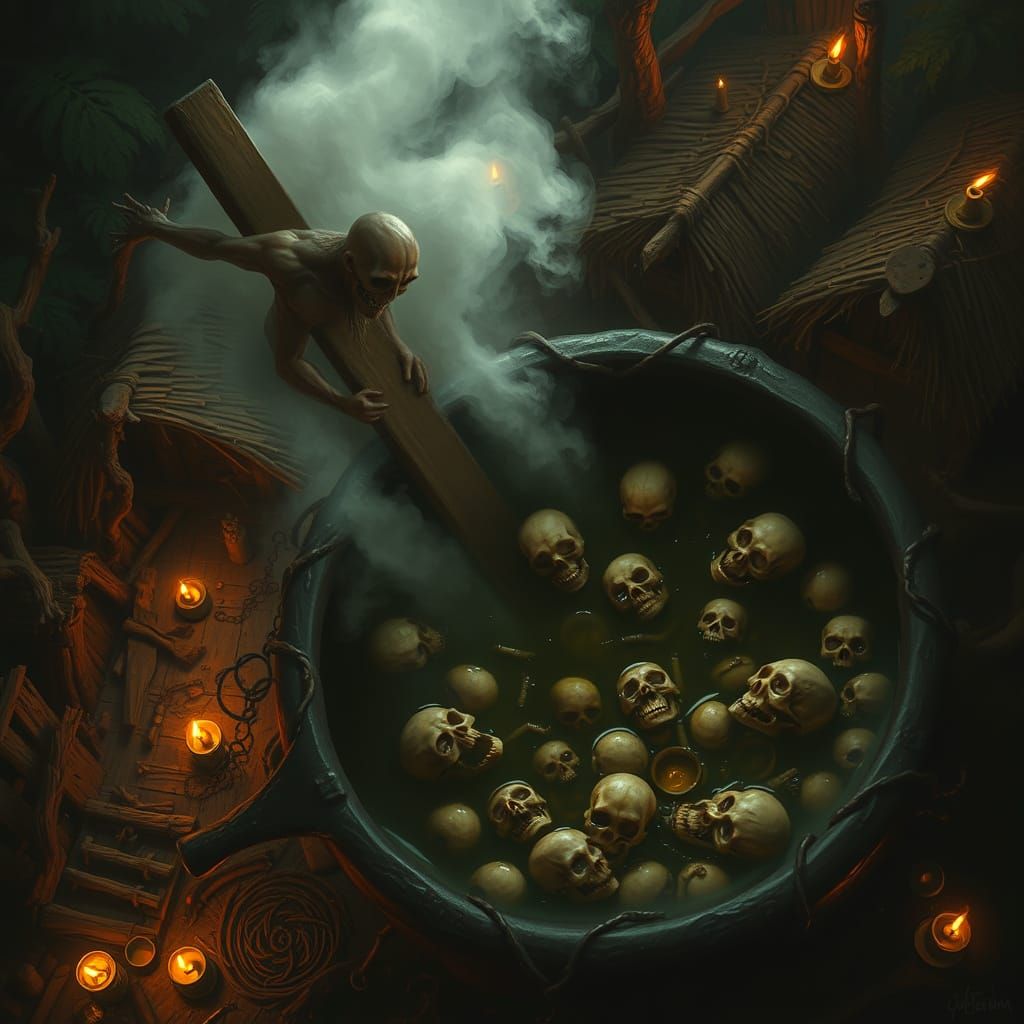 Bubbling Cauldron of Human Skulls in Dark Jungle Village
