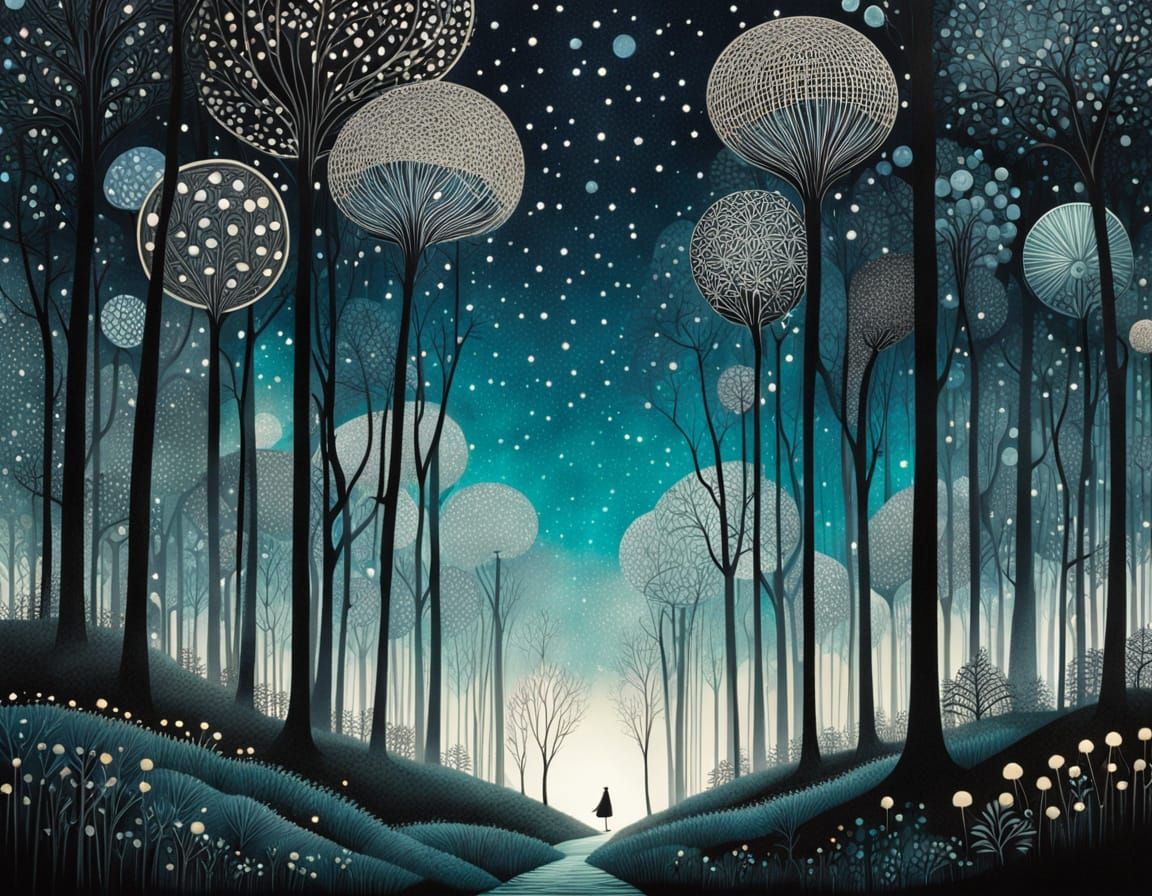 Mystical Forest Under Starry Sky, Zentangle Illustration