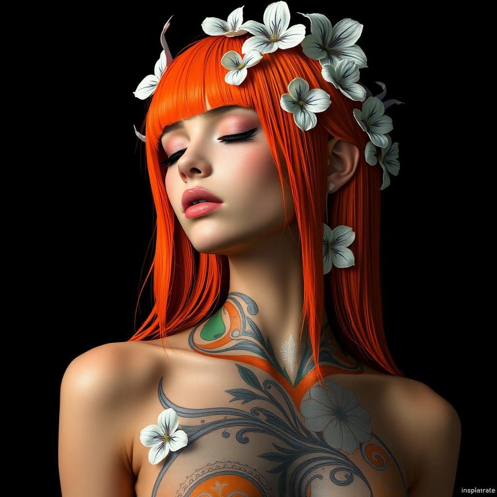 Vibrant Neon Orange Goddess with Intricate Flowers