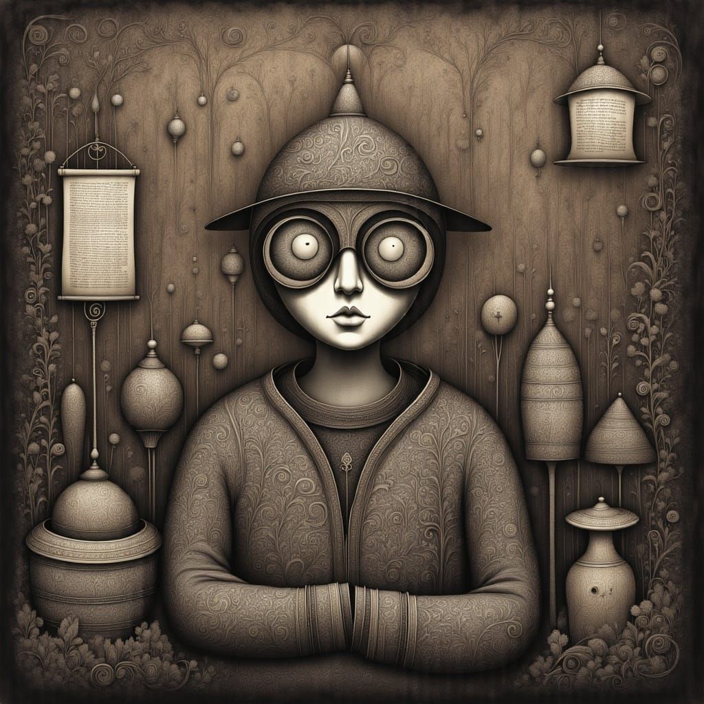 Scholar in Augmented Reality Surrounded by Ancient Lore