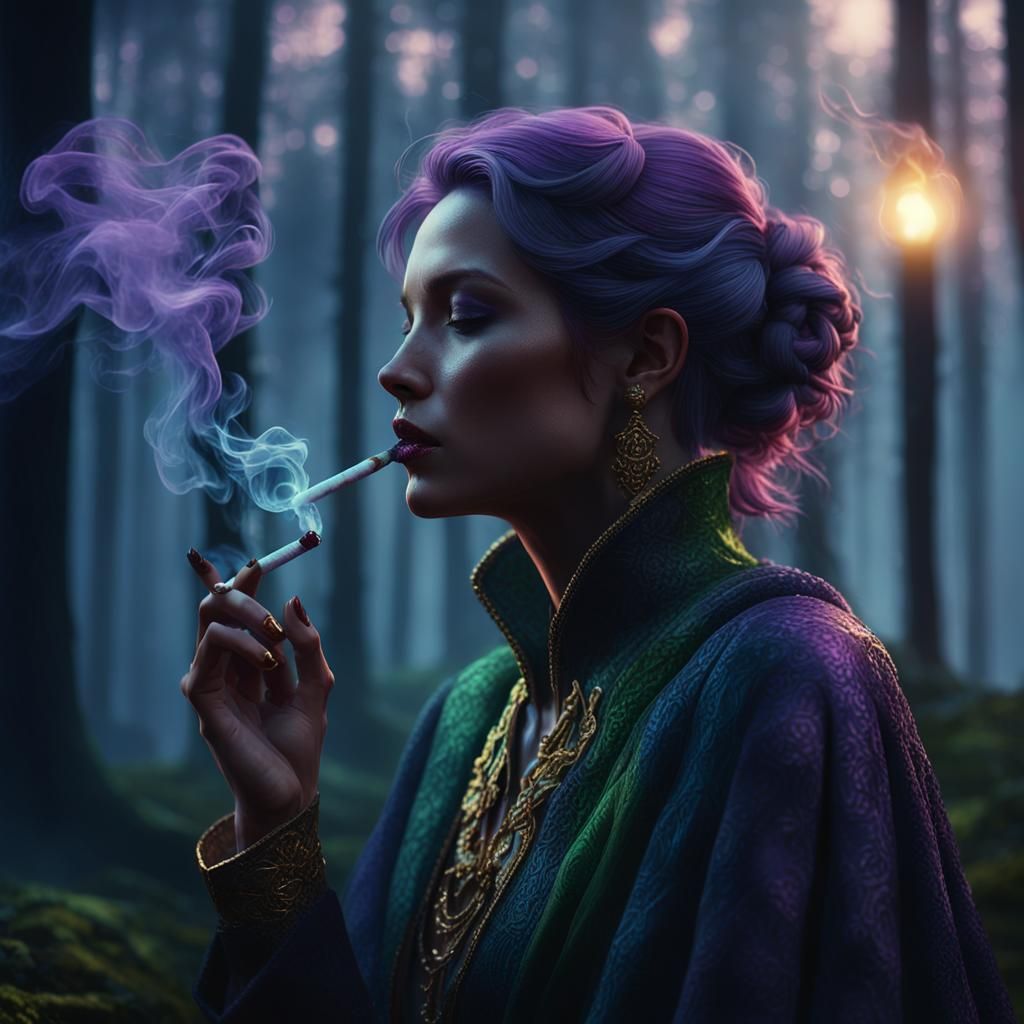 Shadowy Lady Smoking in Misty Forest: Dark Fantasy