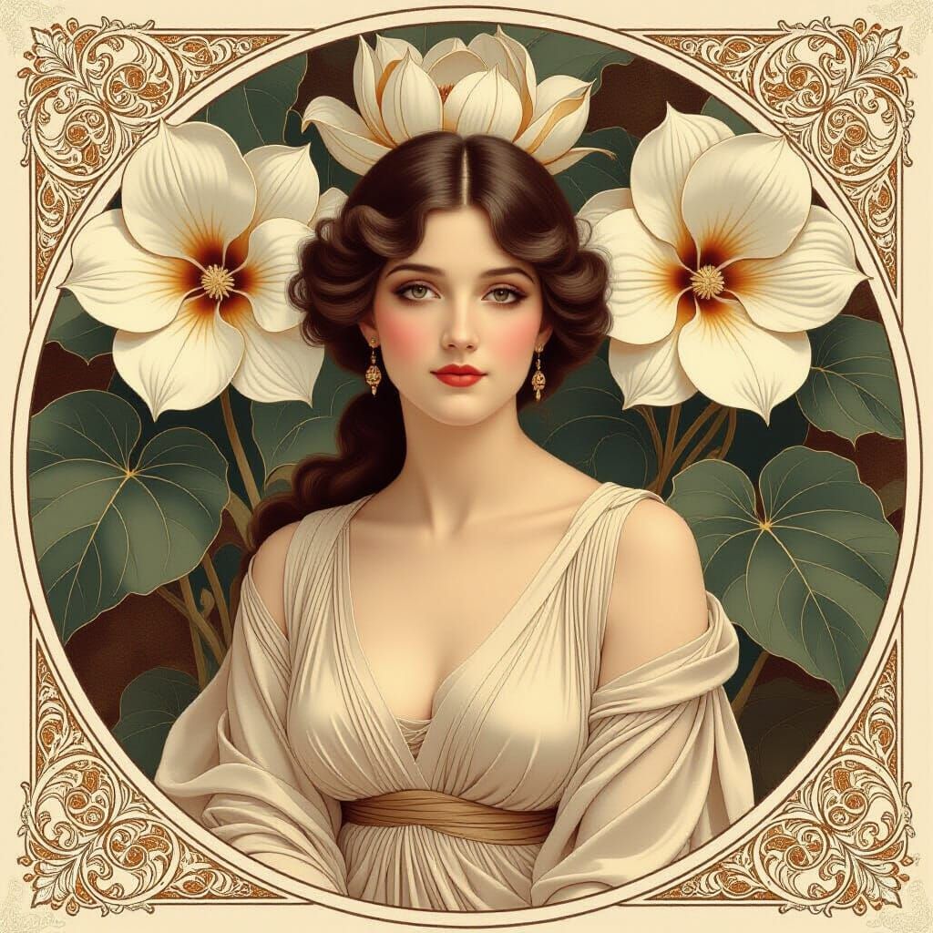 Elegant Sepia Portrait of Woman with Flowers