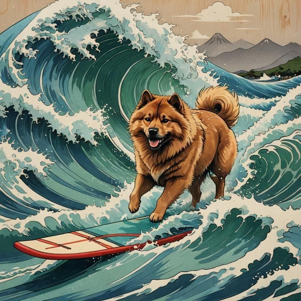Eurasier Dog Surfing the Great Wave in Japanese Style