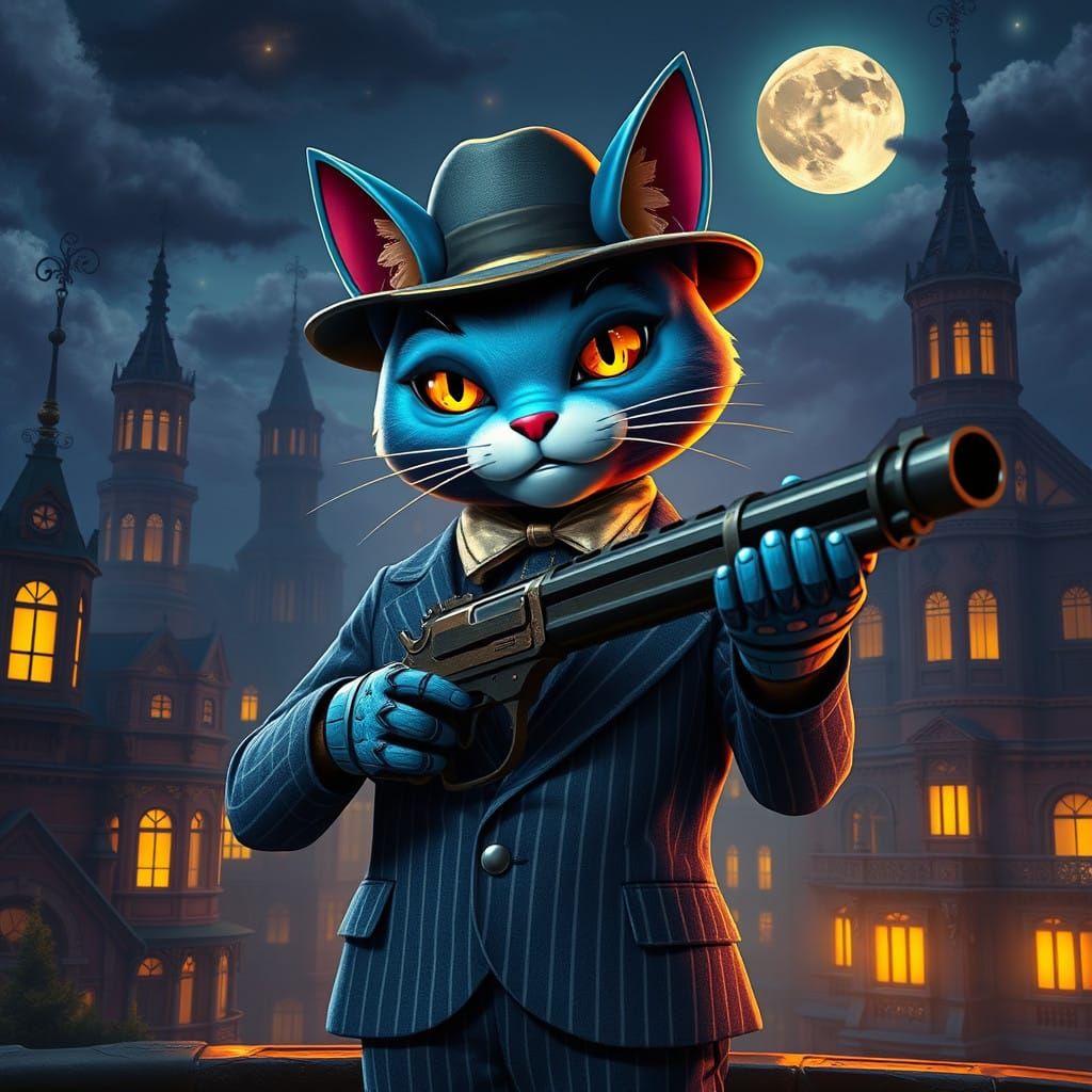 Blue Robot Cat Exudes Mafia Charm in Moonlit Cityscape