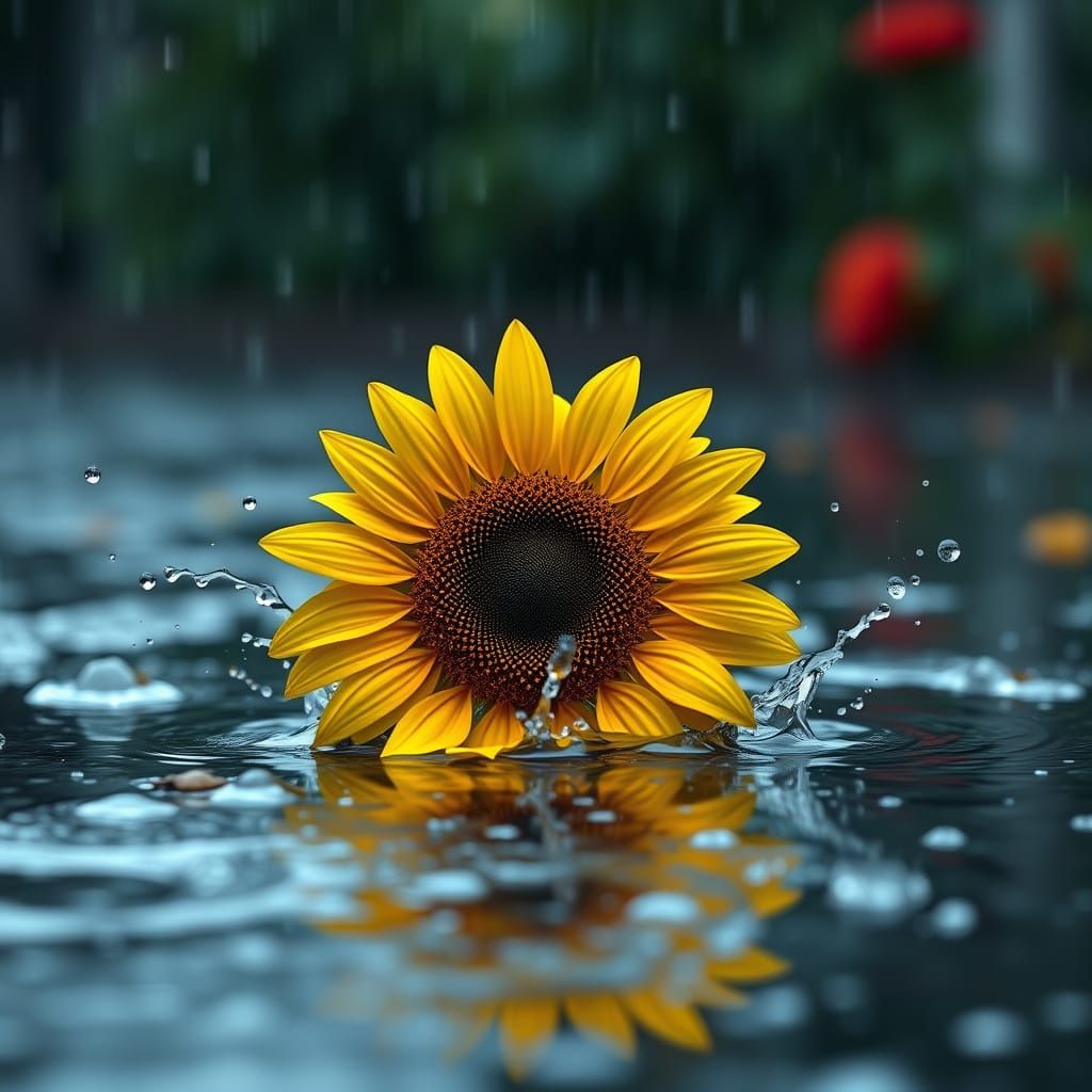 Sunflower Radiates Joy in a Rainy Day Wonderland