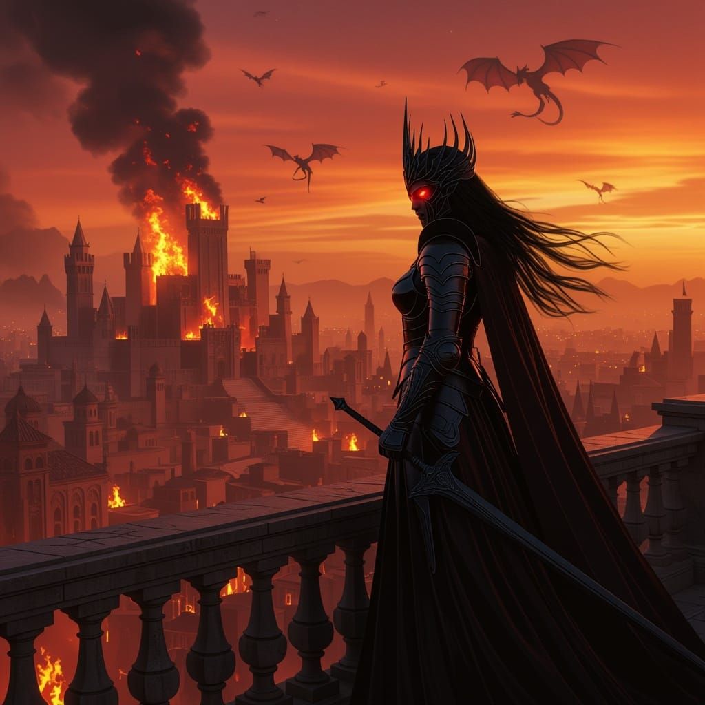 Dark Queen Overlooking Burning Citadel in Cinematic Style