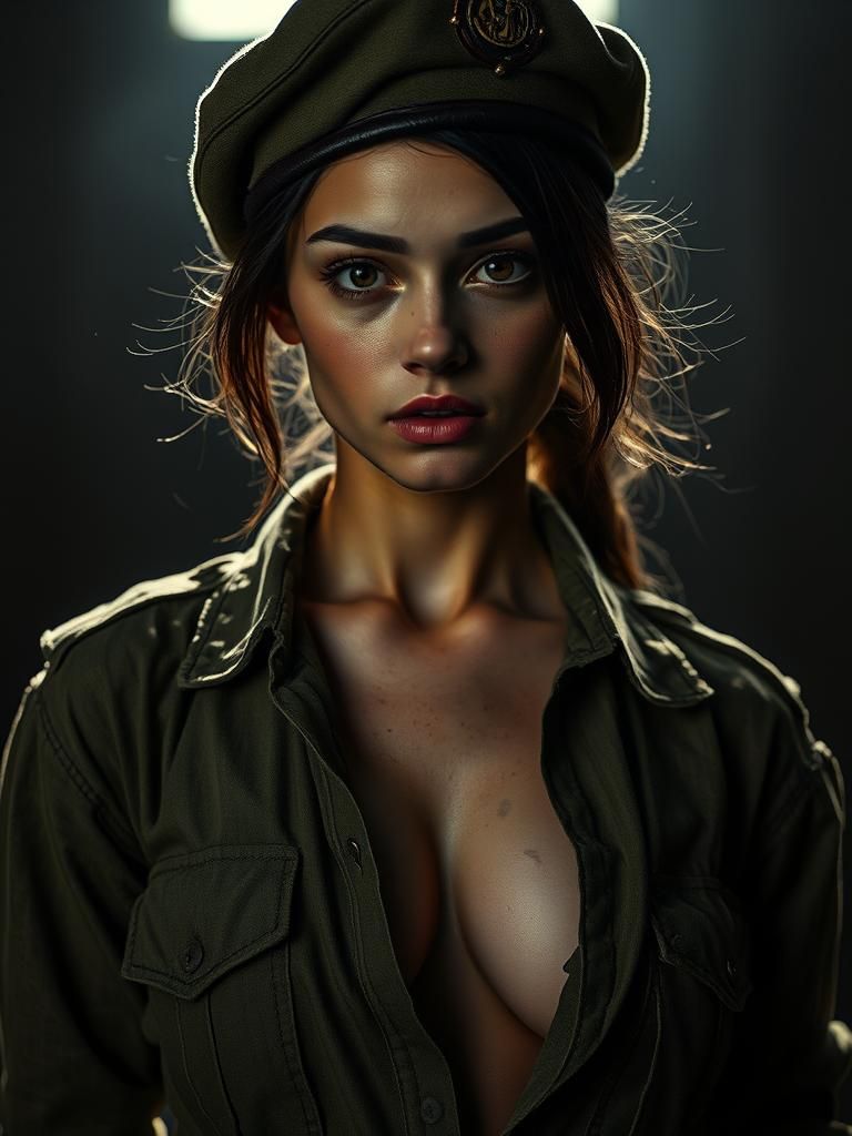 Dramatic Split Lighting Portrait of Woman in Soldier Shirt