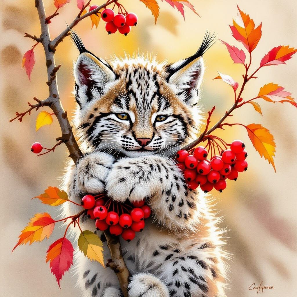 Lynx Cub on Rowan Tree Branch in Autumn