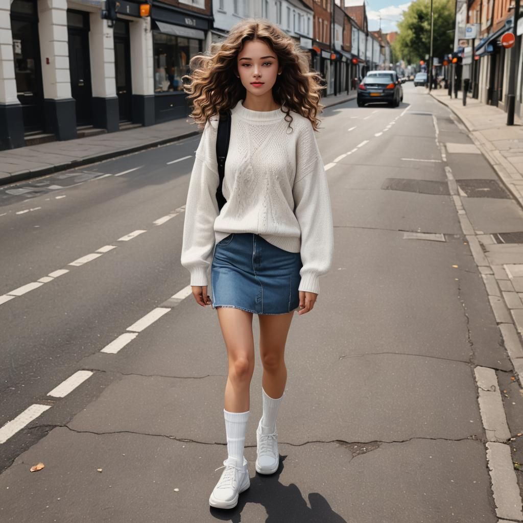 Girl with Brown Curls Walks on Sunny Street