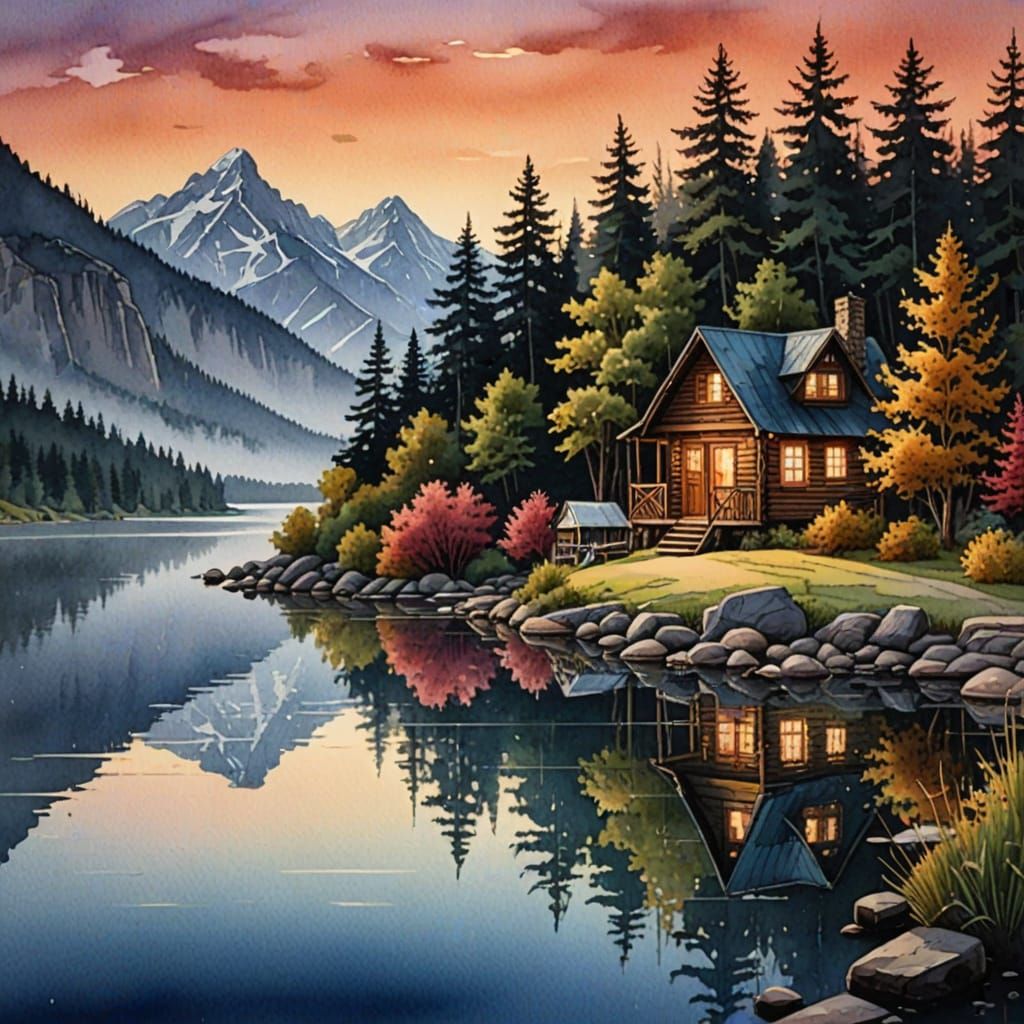 Cabin by Lake at Dawn: Watercolor Embroidery