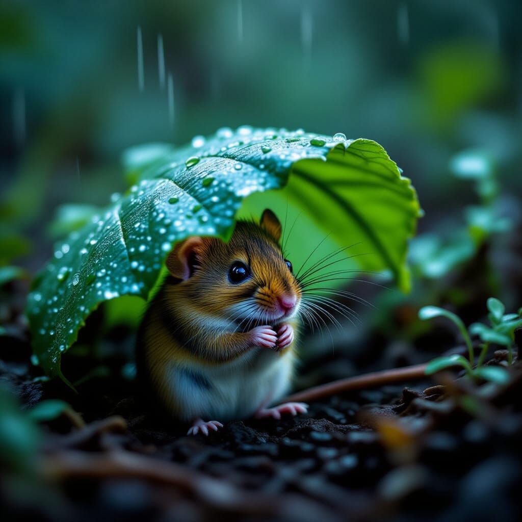 Mouse Finds Shelter Under Leaf in Storm: Cinematic Film Stil...
