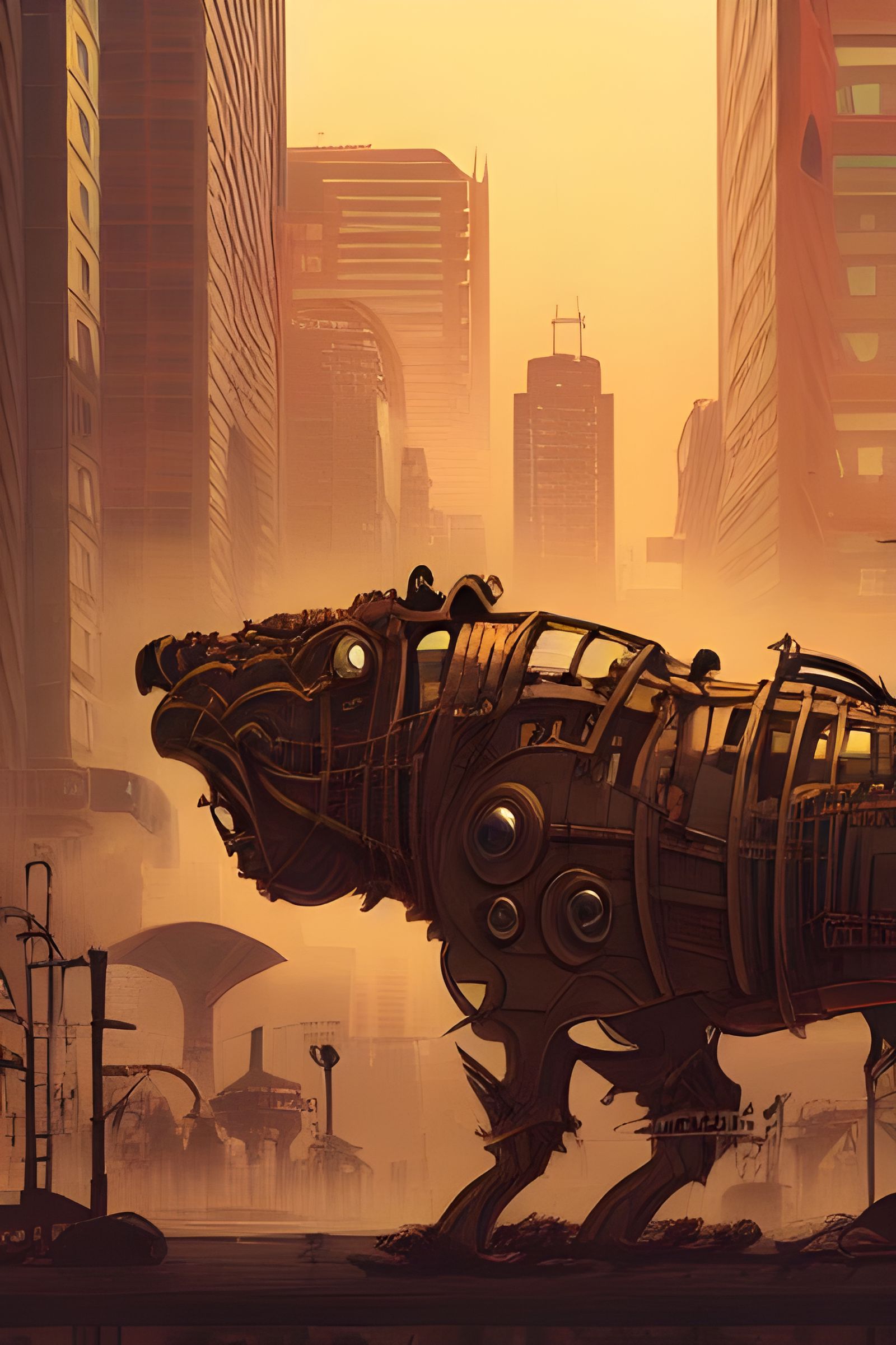 Steampunk Warthog in Cyberpunk City, Digital Illustration