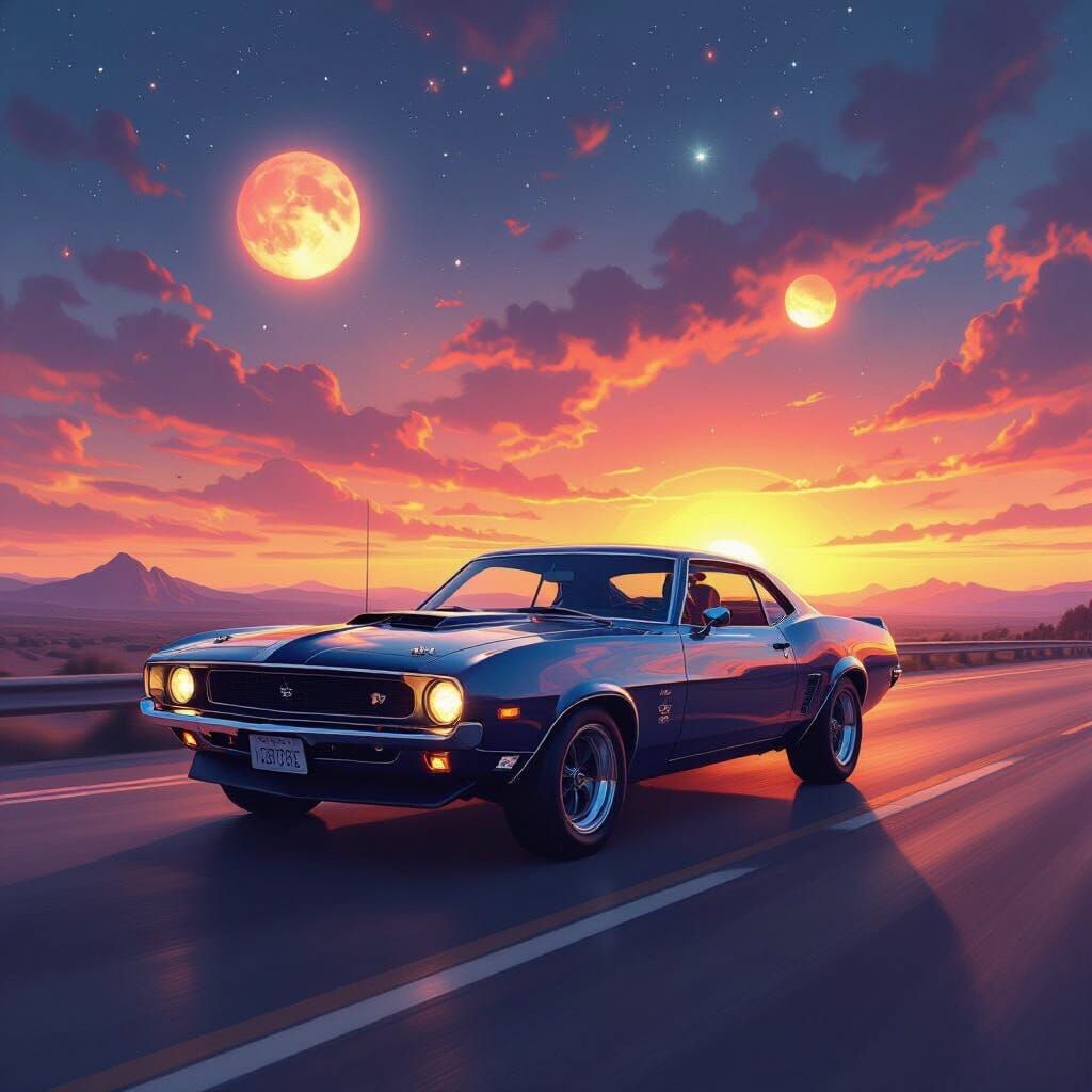 Cosmic Muscle Car Drives Towards Alien Sunset