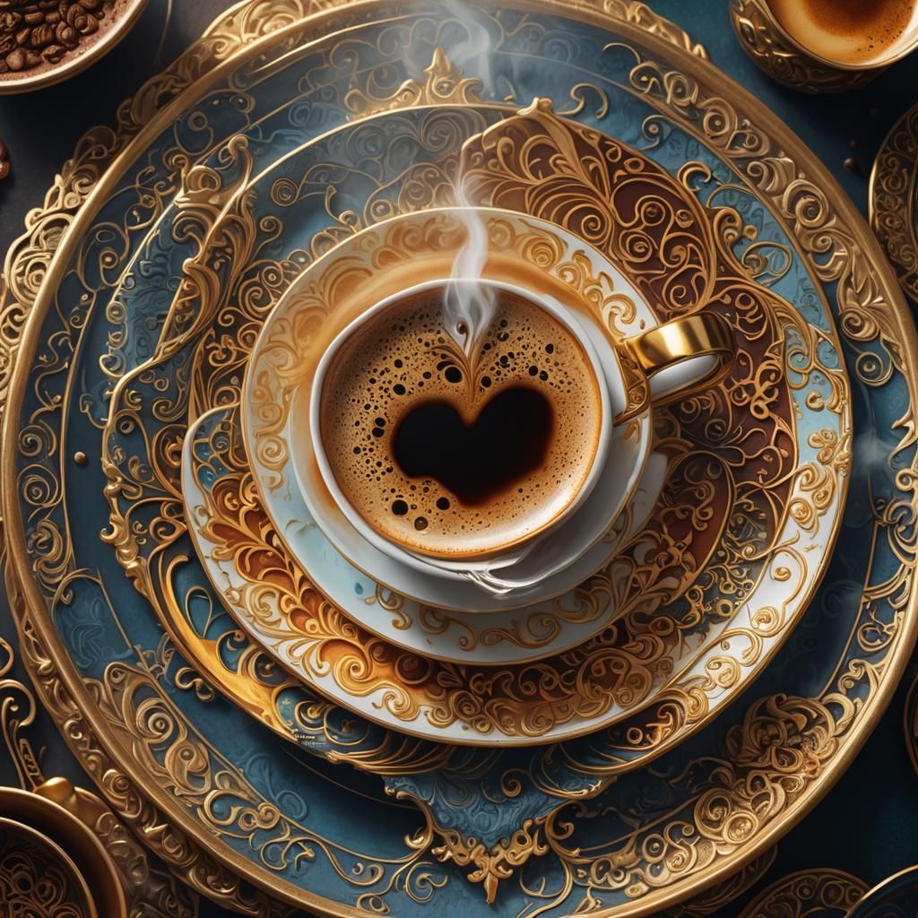 Steaming Coffee Cup on Art Deco Plate