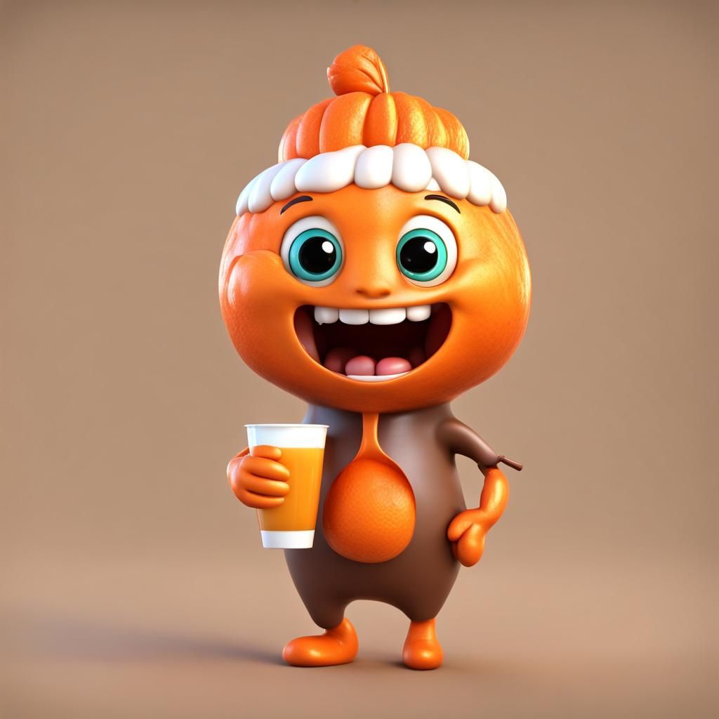Cute 3D Mandarin Character Drinking Cocoa