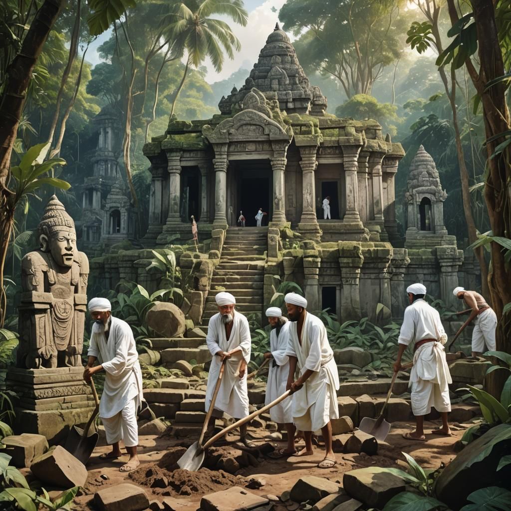 Jungle Temple Excavation with Malay Laborers